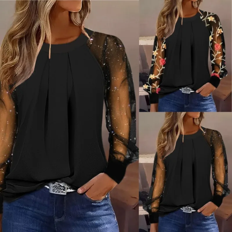 Women Long Sleeve Fashion O-Neck Shirt 2024 Spring Autumn Blouse Top Women\'s Sexy Lace Mesh See-through Stitching Pullover Shirt