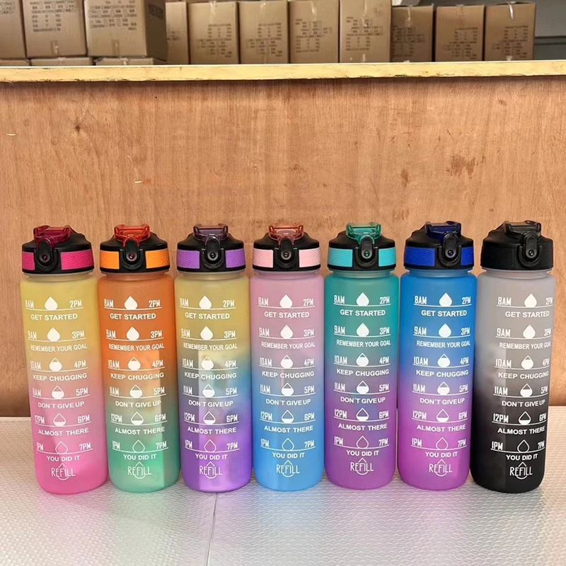 

1000ML Water Bottle With Straw Time Marker Portable Outdoor Camping Student Drinking Water Cup Leakproof Cups For Sports Fitness