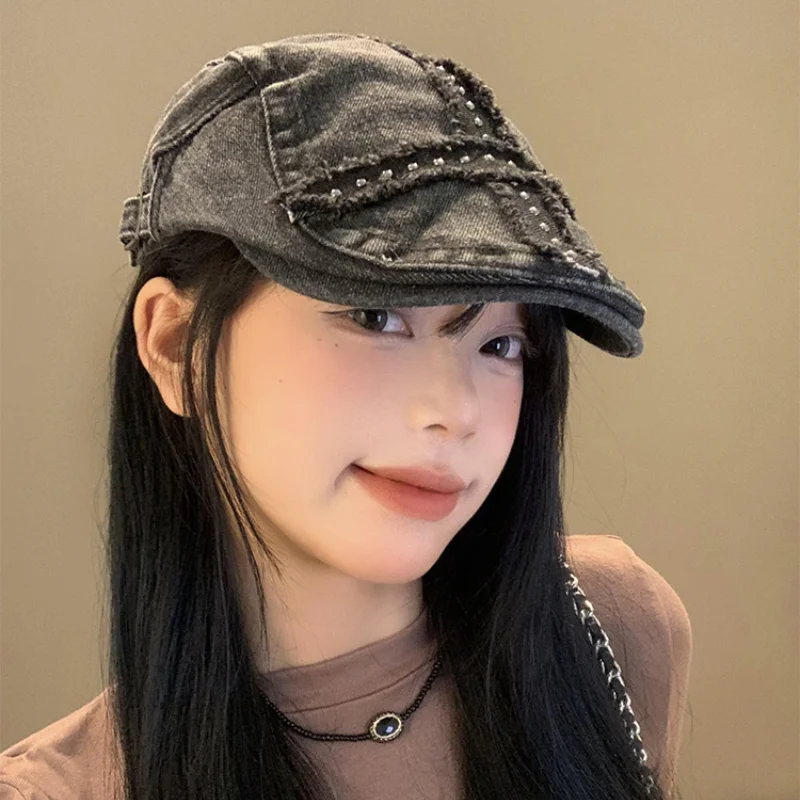 American Rivet Design Black Forward Hats for Women and Men Summer Casual Versatile Street Trend Retro Washed Denim Berets Y2k