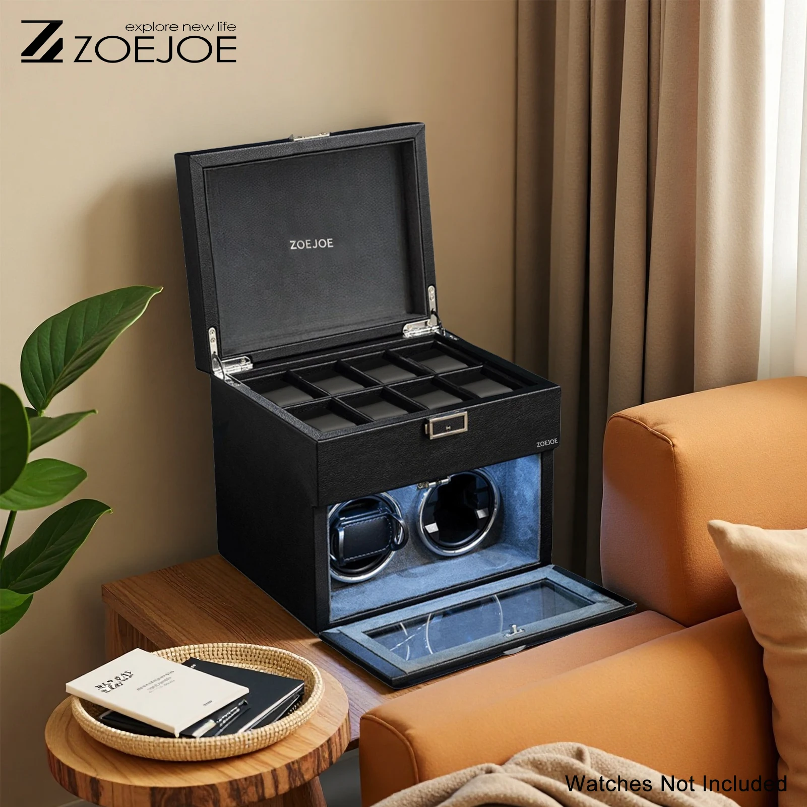 

ZOEJOE Automatic Watch Winder PU Leather Us Plug Watch Storage Box With Light And Clear Cover Birthday Gift For Friends