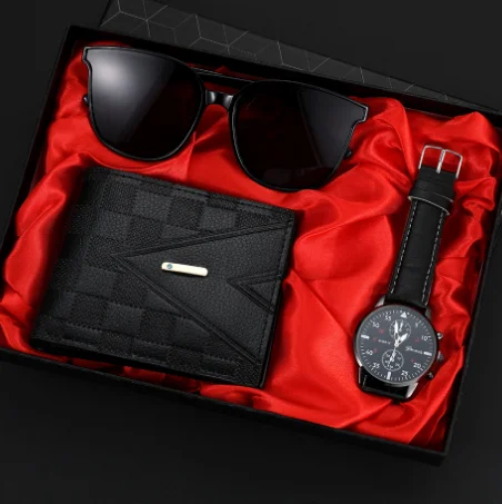 

Мужской комплект часов, ремней, кошельков, солнцезащитных очков, изысканных подарков Мужские кварцевые часы и кошелек 3ps