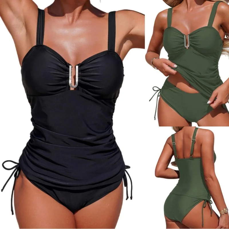 

Купальник-танкини женский из двух частей 2026: комплект с эффектом утяжки живота, топ с низким вырезом и пуш-ап, трусики на завязках