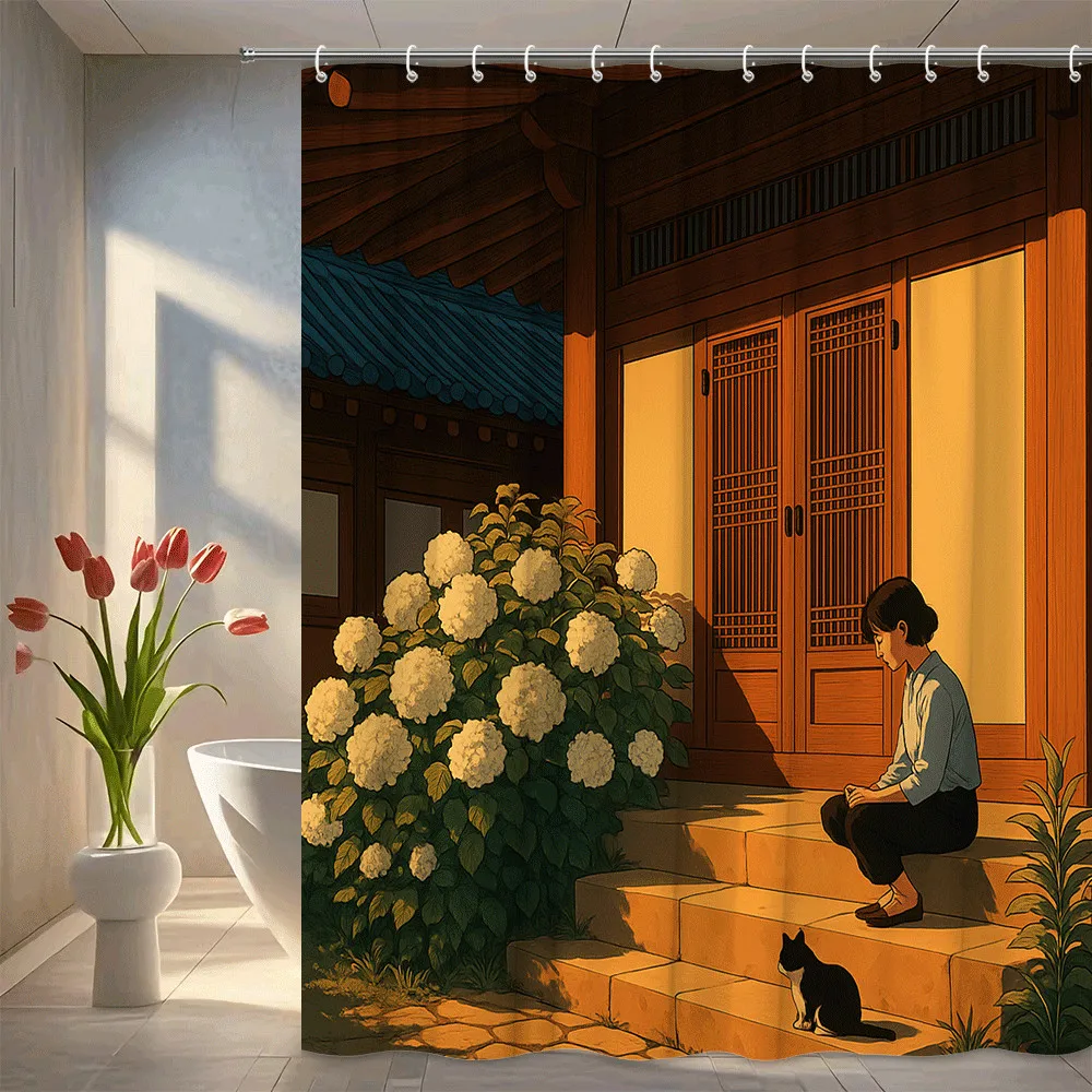 Traditional Korean House Scene Shower Curtain Machine Washable All Season Waterproof Privacy Protection Anime Style 12 hooks