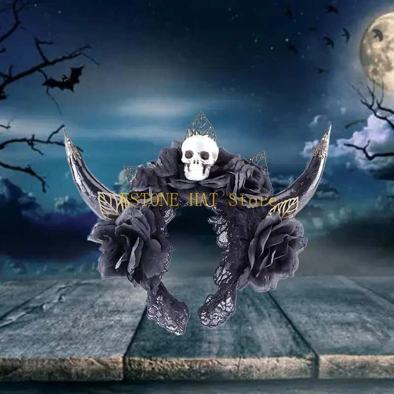 49MF Cerchietto per capelli con corno pecora e teschio Halloween Cerchietto per capelli della Regina cattiva Costume per