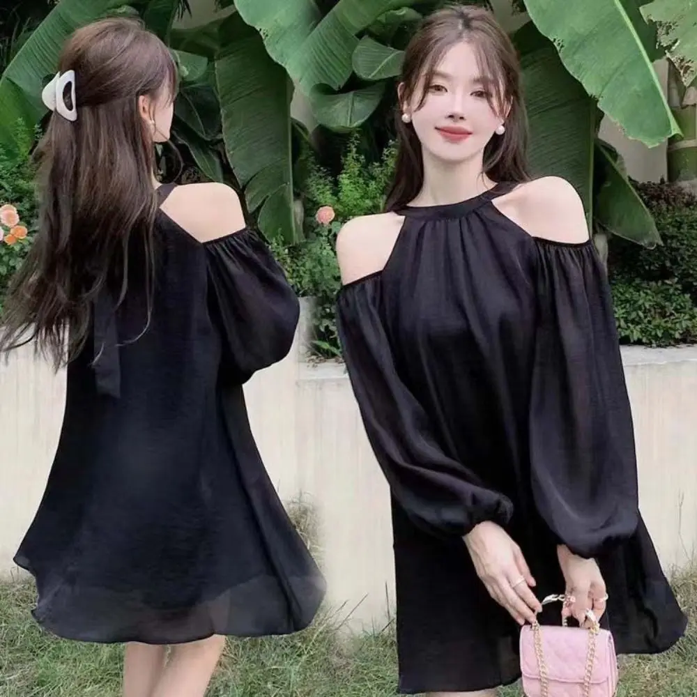

Sweet Lantern Sleeve Off Shoulder Halter Dress Thin Elegant Halter Mini Dress Korean Style Beachwear A-line Short Skirt Party