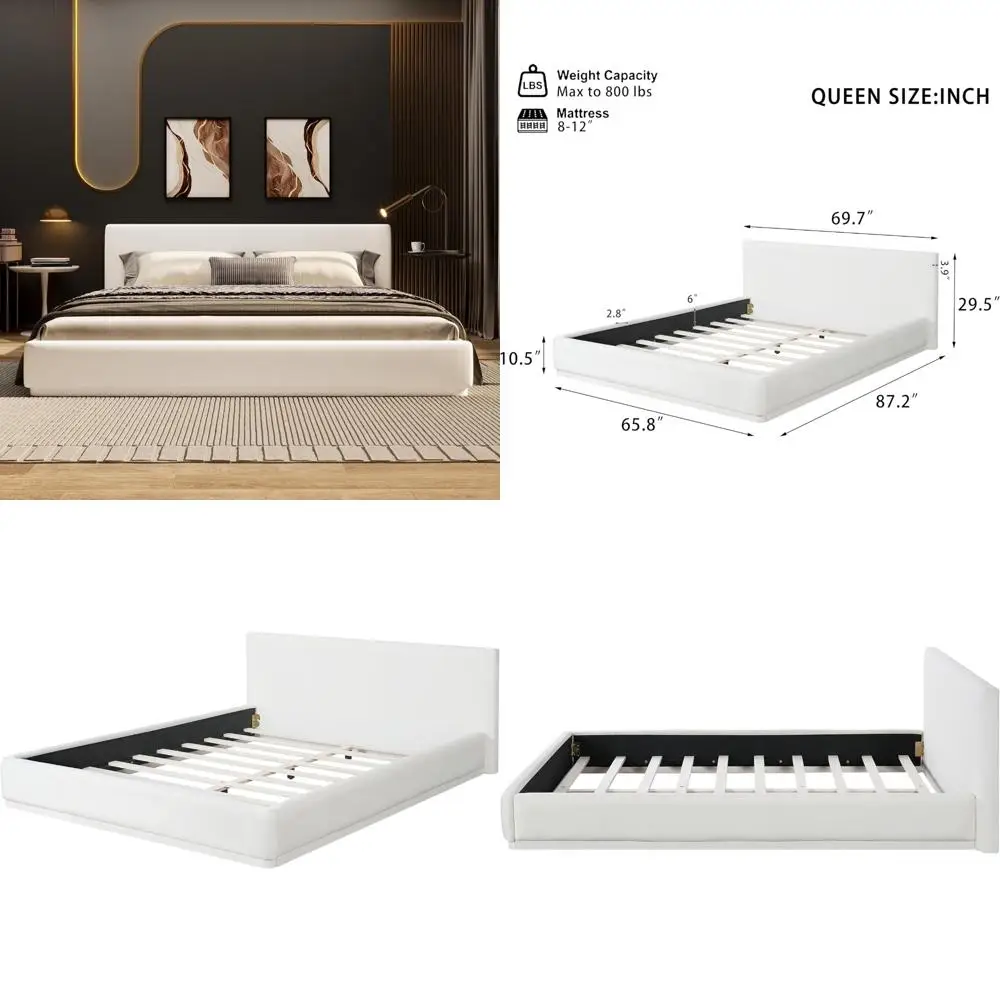 Merax Nowoczesna Łóżko z Tapicerowanym Ramą w Stylu Queen z Zagłówkiem, Miękkie Łóżko na Niskiej Platformie z Aksamitu, Nie Wymaga Stelaża, Łatwy Montaż, Biały