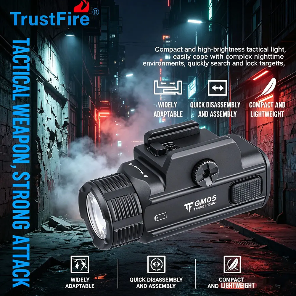 Trustfire GM05 Taktische LED-Pistolenlampe 1050 Lumen 268 Meter Leuchtweite Mini-LED-Lampe Kompakte USB-Aufladbare Schnellverschluss-Taktische Taschenlampe für Glock