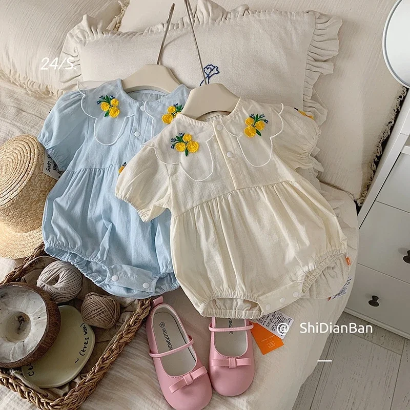 2024 Baby Girls Sweet Flowers Embroidery Collar Rompers Fashion Summer Clothing Toddler Kids Bodysuits Clothes