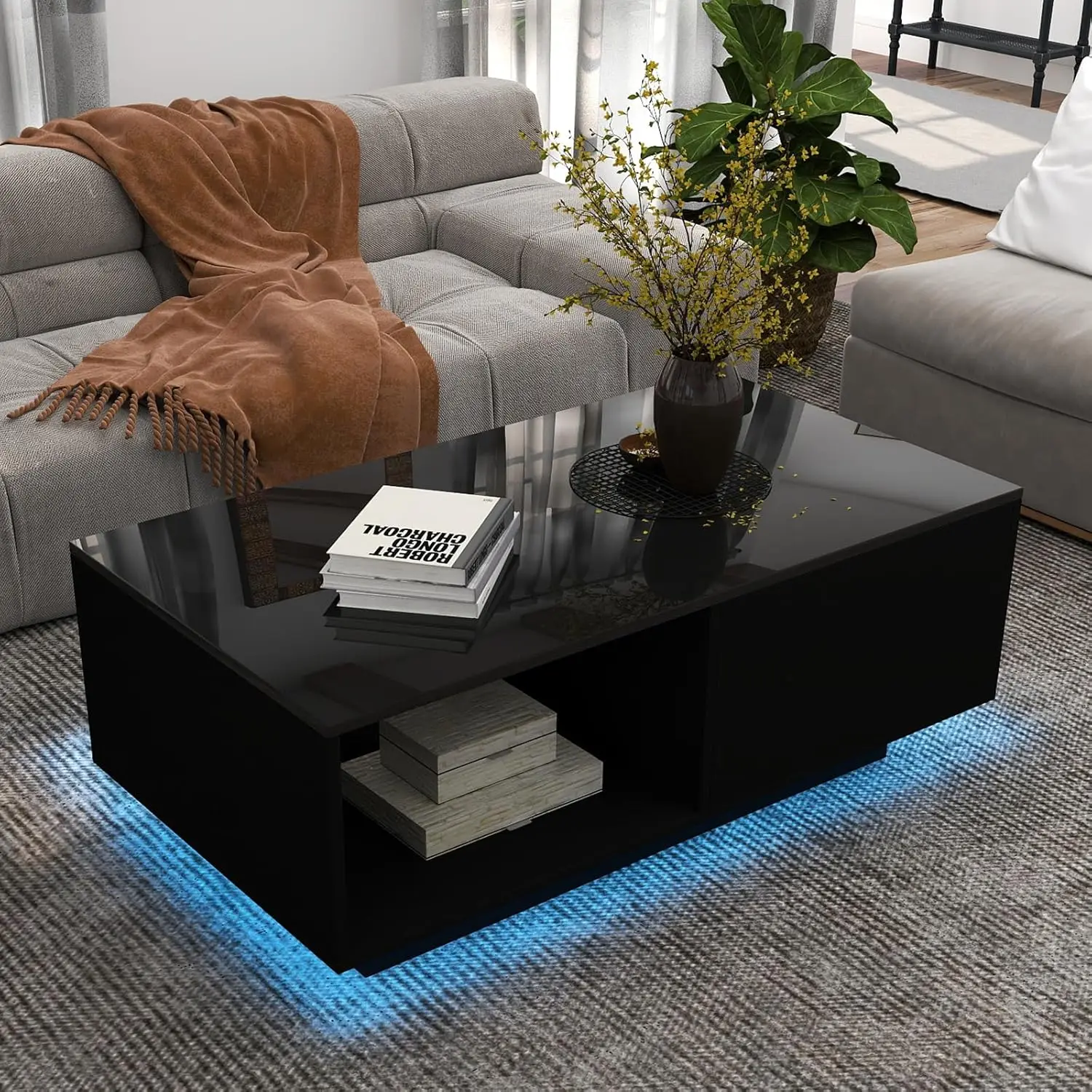 

LED Black Coffee Table For Living Room With Drawer & 16 Colors Lights, 43.3IN High Gloss Modern Coffee Table With Storage Space,