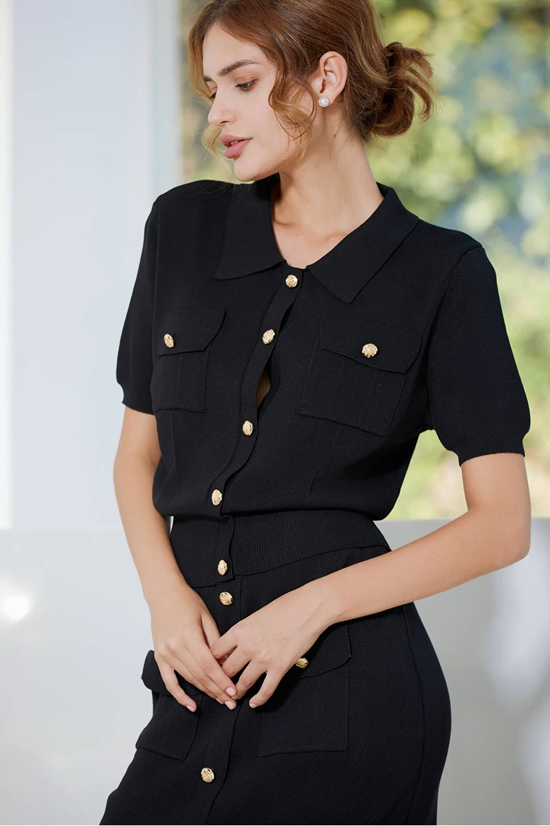 Elegant Knit Two Piece Skirt Set Women Short Sleeve Black Blazer Skirt 2 Piece Set Summer Knitted Two Piece Set For Women 2024