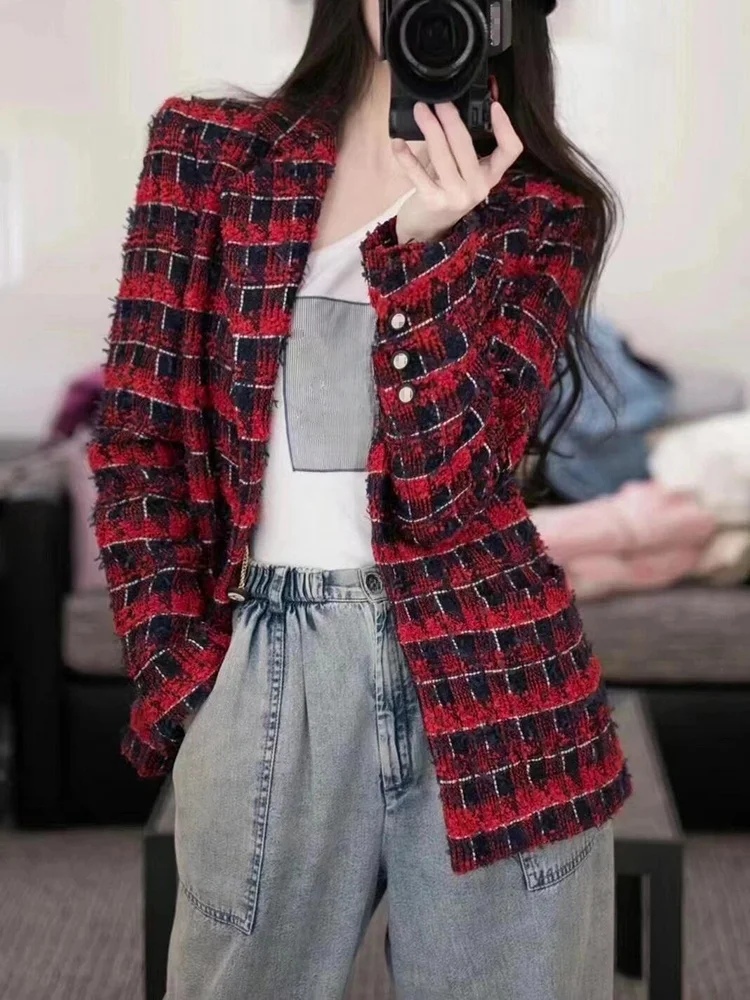 

2024 Spring Autumn Fashion Women's High Quality Red Plaid Tweed Blazers Jackets Coat C027