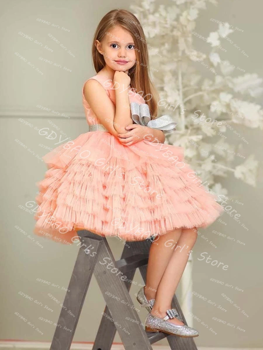 فستان حفلات للفتيات منفوش مع وشاح فيونكة متدرج توتو الأميرة فستان حفلات بطول الركبة للأطفال مخصص لحفلات الزفاف فستان فتاة الزهور