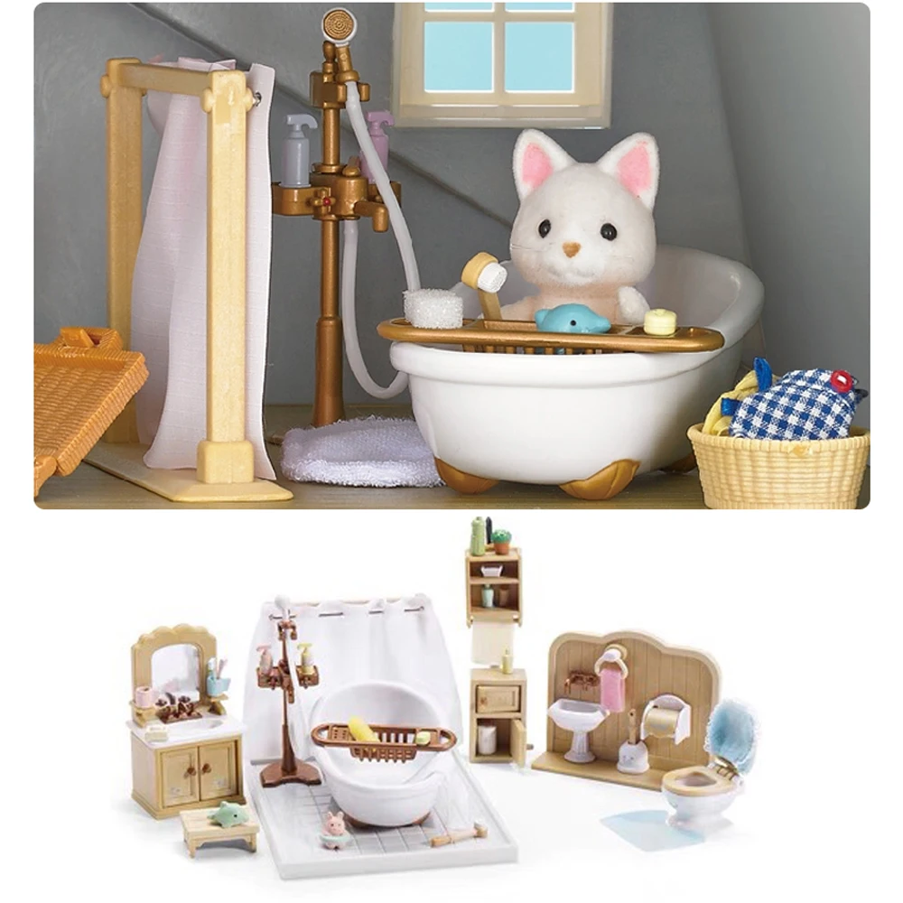 Banyo yıkama sincaplar mobilya Calico Critters 1/12 minyatür oyun evi Dollhouse oyuncak orman aile çocuklar doğum günü hediyeleri