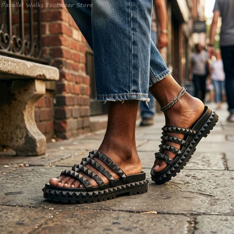 Studded Platform Sandals Roman Multi Strap Punk Thick Sole Beach Slides Breathable Casual Outdoor Walking Glitters Shoes For Men