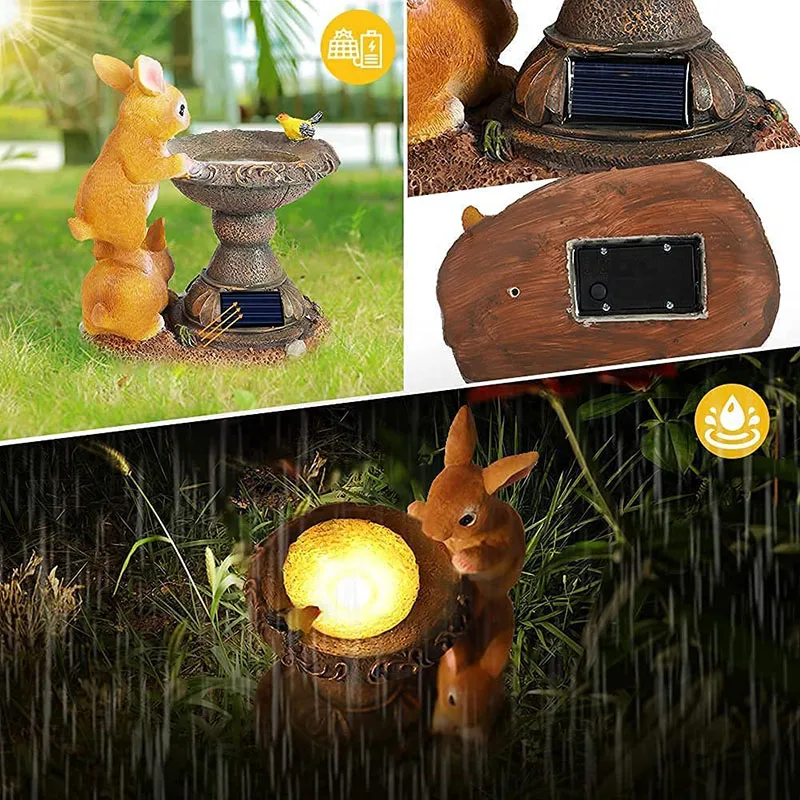 Solar Rabbit Sculpture LED Light Resin Double Rabbit Drinking Water Lamp Outdoor Courtyard Garden Animal Figurine Decoration