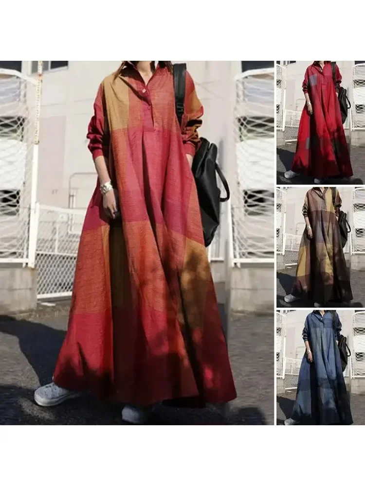 

Summer New Stylish Women Vintage Long Sleeve Loose Sundress Casual Long Maxi Dress Kaftan Femme Solid Party Vestido Robe