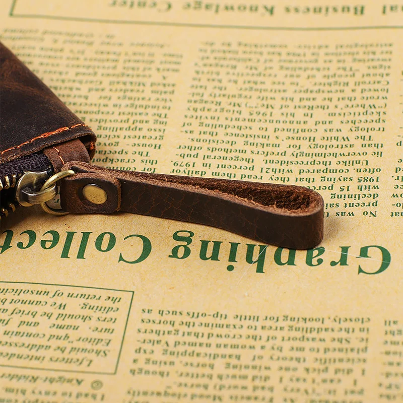 크레이지 호스 가죽 동전 지갑 남성용, 진짜 가죽 지퍼 가죽 파우치, 레트로 키홀더, 작은 돈 가방, 클러치 백