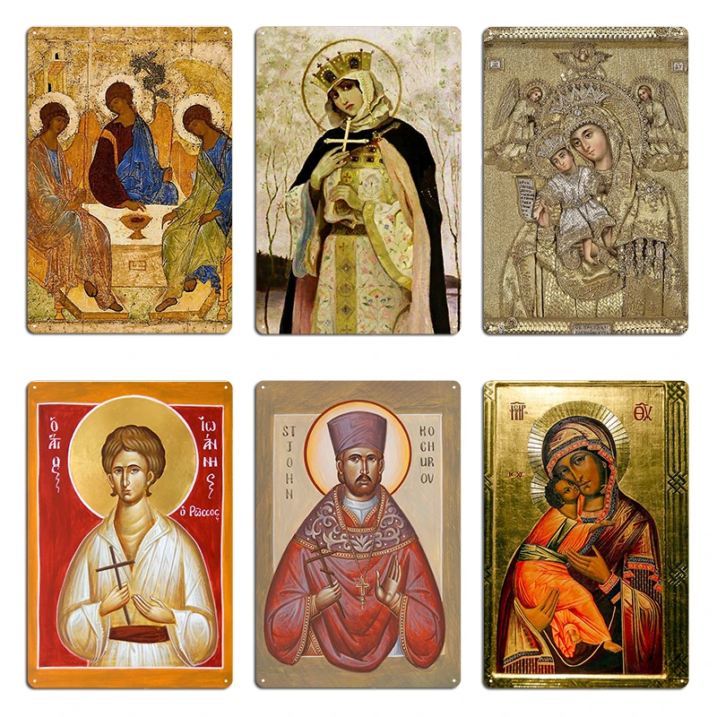 Pintura de la Sagrada Trinidad Rublev, icono impreso, arte religioso cristiano de pared, St Olga de Mikhail Nesterov, cartel de Metal de estaño