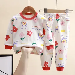 Pijama de algodão puro para menino e menina, camiseta e calça de manga comprida, design dos desenhos animados, roupas noturnas, primavera e outono, novo, 2024