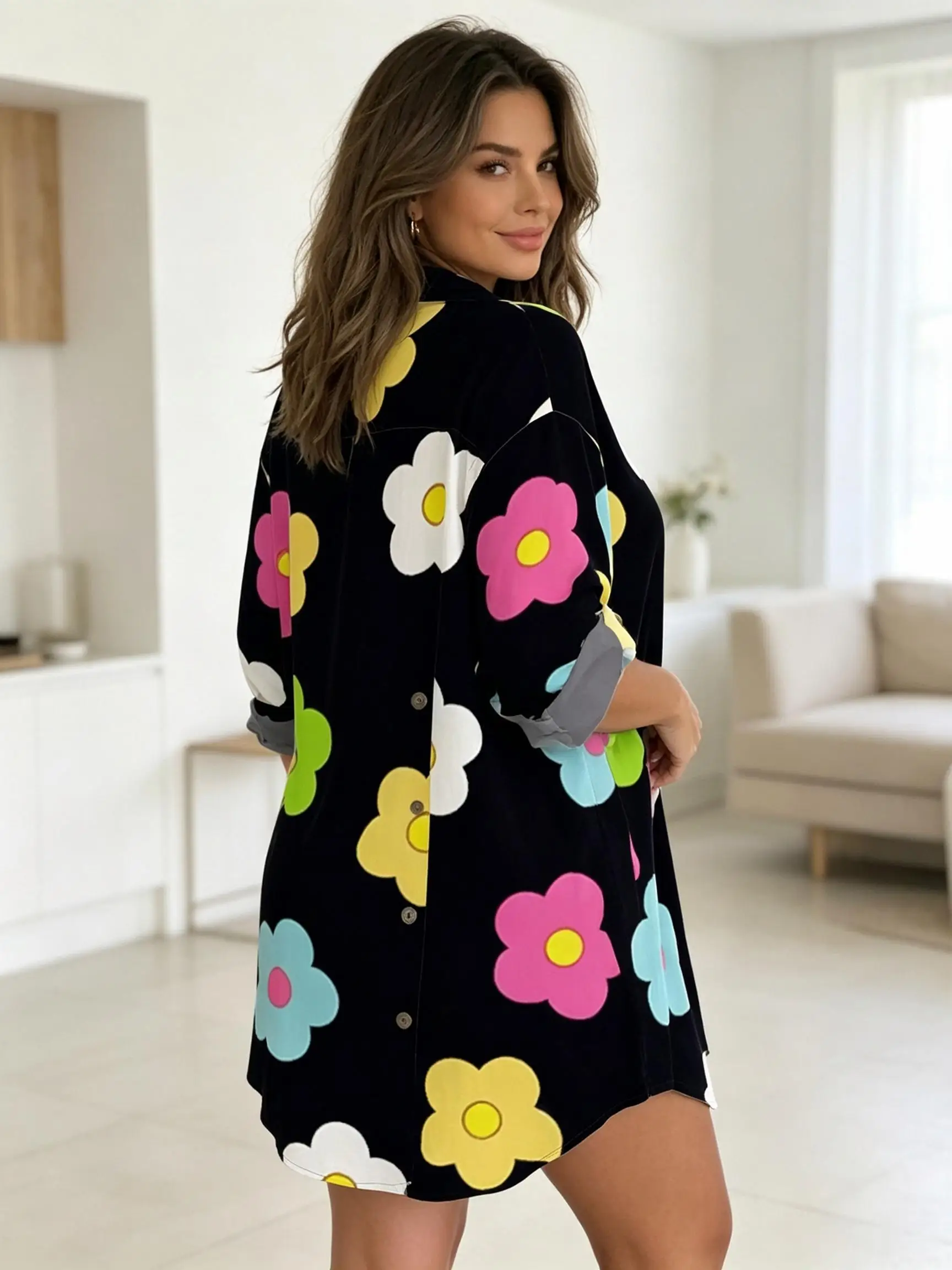Plus Size Womens Floral Print Shirt Dress, 3/4 Sleeve Button Down Loose Tunic Dress With Pockets, Summer Beach Cover Up Dress
