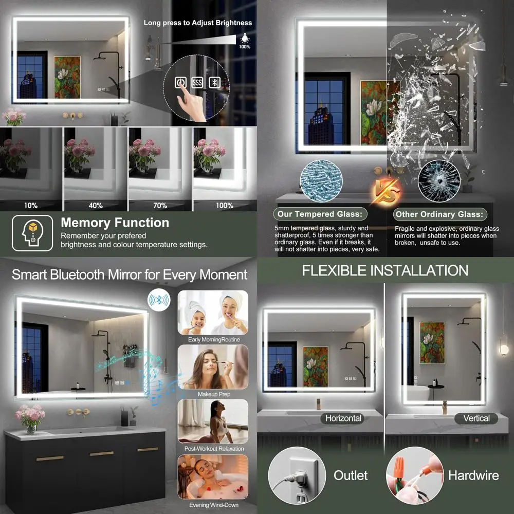 

Bluetooth-Enabled 28x36 LED Bathroom Mirror with 3-Color Dimmable Light, Anti-Fog, Tempered Glass, Horizontal/Vertical Mount