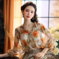 With Print Women's Shirt And Blouse V Neck Female Tops Elegant Youth Youthful Cute Summer 2024 Novelties Original Hot Promotion