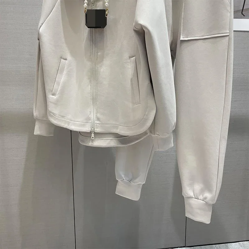 Conjunto de ropa deportiva informal para mujer, suéter con capucha de pierna ancha, moda gris, primavera y otoño, 2023