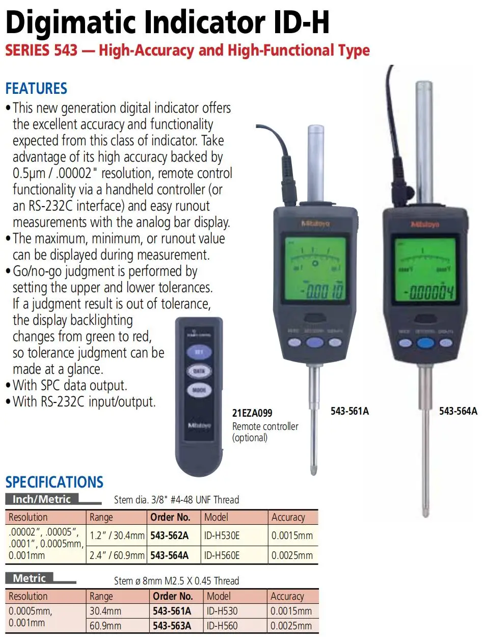 Mitutoyo 543-561DC ID-H0530 543-563DC ID-H0560 range 0-30.4mm/60.9mm High-Accuracy and High-Functional Type Digimatic Indicator