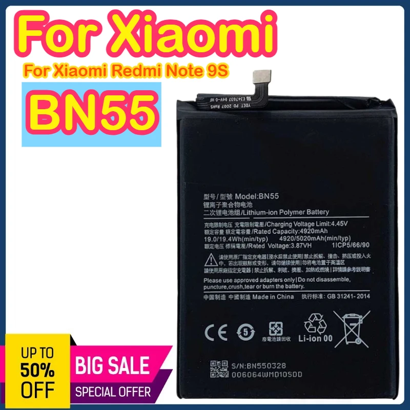 

BN55 5020 мАч 3,8 В аккумулятор для Xiaomi Redmi Note 9S 9 S Note9S 5020 мАч Высококачественный аккумулятор для мобильного телефона Bateria BN55