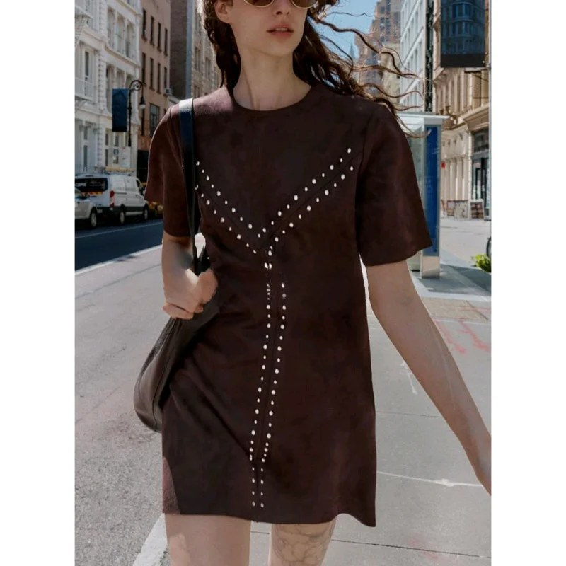 Fall New round Ne ort Sve Straight Cut Hem Faux Leather Effect Rivet Dr Women's Simple Sle A-Line Skirt Casual