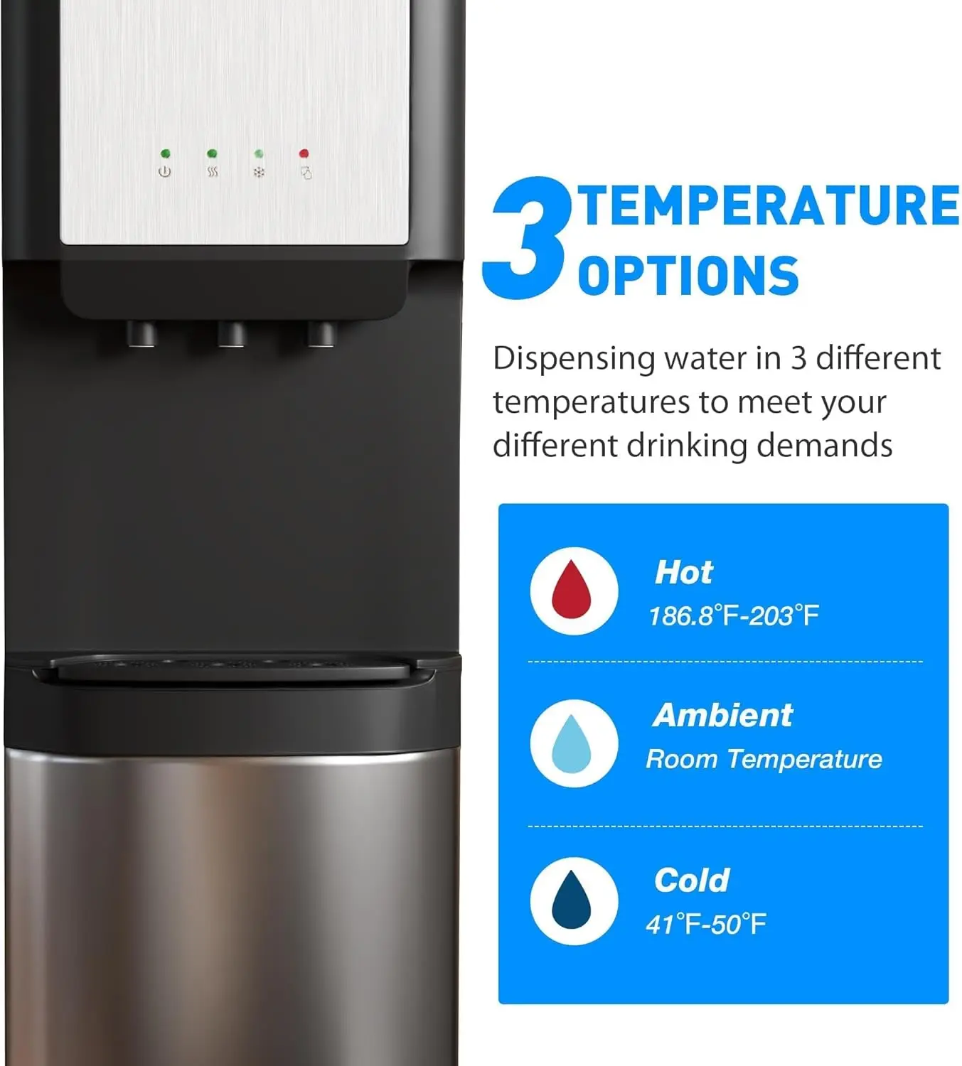 Water Cooler Dispenser for 5 Gallon Bottles - Hot, Cold & Room Water Dispenser with 3-Temperature, Child Safety Lock