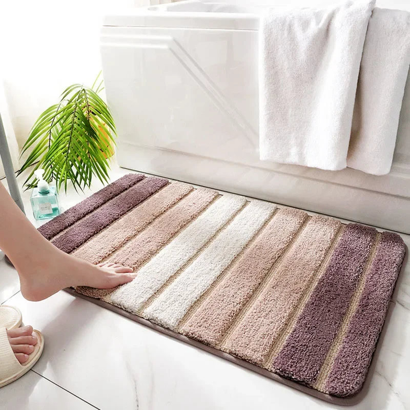 Simple Stripe Thicken Non-slip Bathroom Rug Large Capacity Super Absorbent Quick-drying Bath Carpet Entrance Door Flocked Rugs