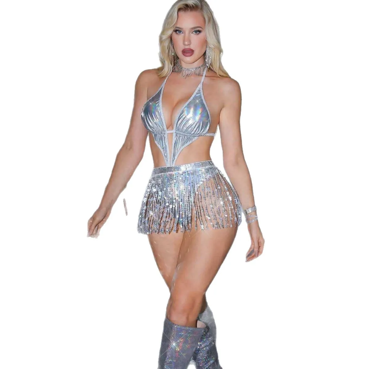 

Новое женское сексуальное боди с V-образным вырезом и бретелями, ажурное, на завязках, для ночного клуба, цельный костюм для танцевальных выступлений