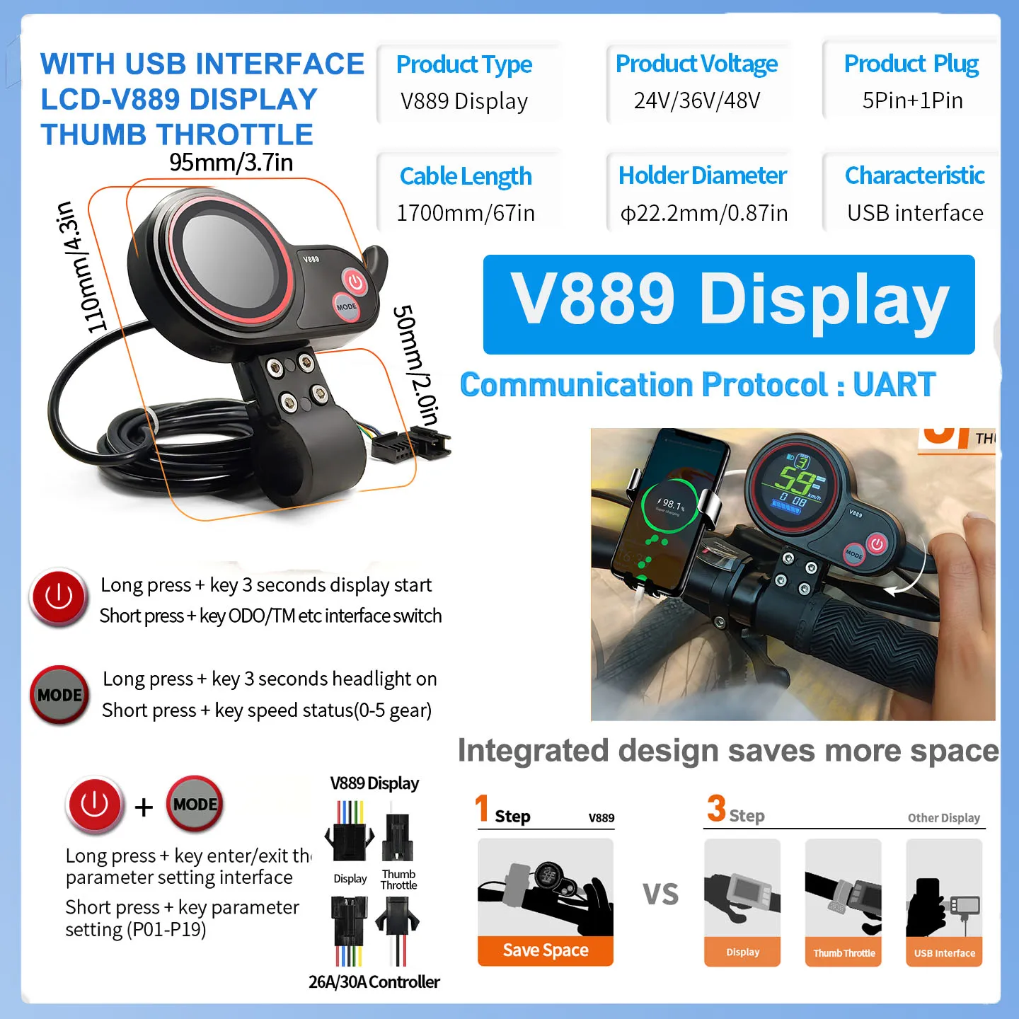 17A3MO Sine Wave Brushless Motor Controller, 24V-48V with LCD Display and thumb throttle, electric scooter and bicycle 250W-350W