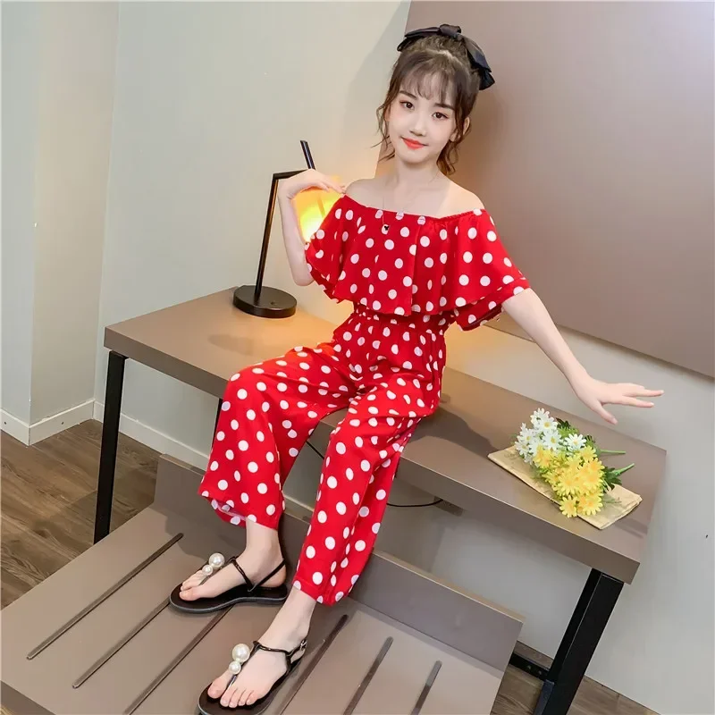 

3-12 Years Girl Overalls Off-shoulder Chiffon Teen Girls Romper Polka Dot Girls Jumpsuit Sunsuit Summer Girls Clothes Outfits