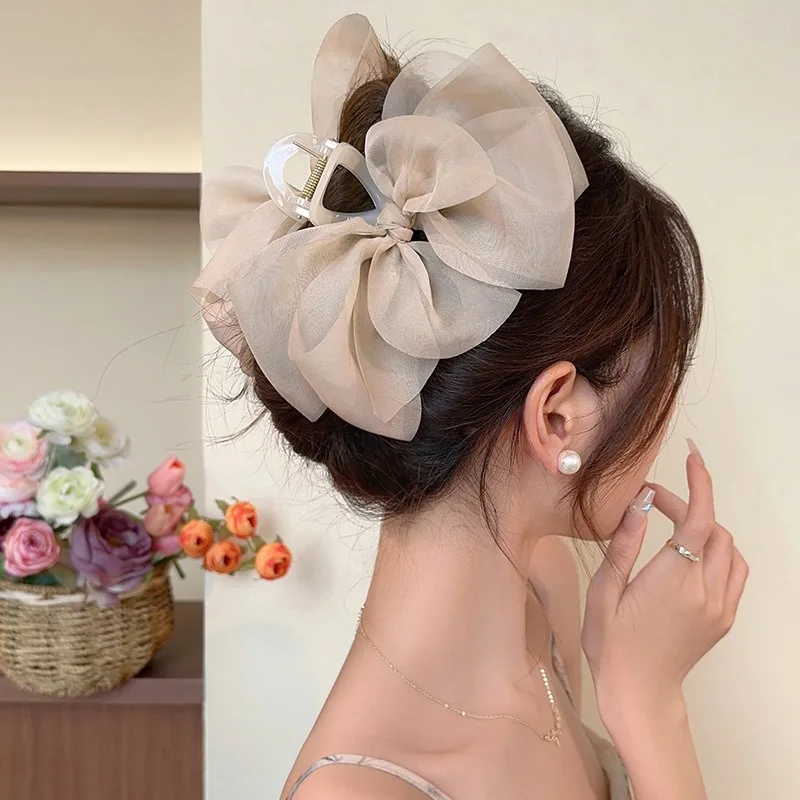 2024 New Mesh Tulle Large Bow Grip Clip Ponytail Braid Hair Claw Clip Hair Clip for Women Hair Accessories Gift Headdress