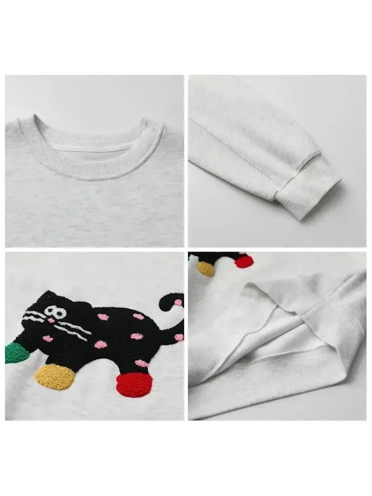 CHIC VEN Women Sweatshirts Korean Casual Loose O-Neck Cat Cartoon Embroidery Pullovers Female Clothing Autumn Winter New 2025
