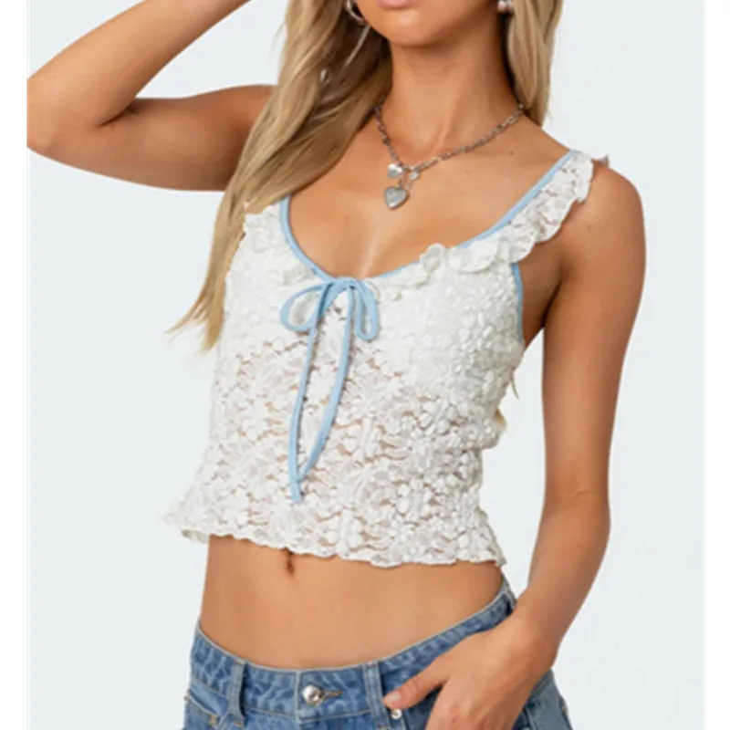 

Женский укороченный топ на бретельках с кружевом и рюшами, модные топы на бретелях с вырезом в форме сердца, летняя футболка y2k, модная женская одежда