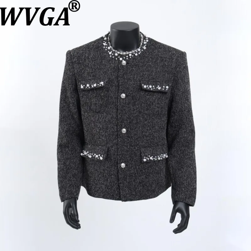 

WVGA Spring Autumn New Men Tide Pearl Design Pocket O-Neck Short Jackets Niche Chic Casual High-end Long Sleeve Coats Ins W17102