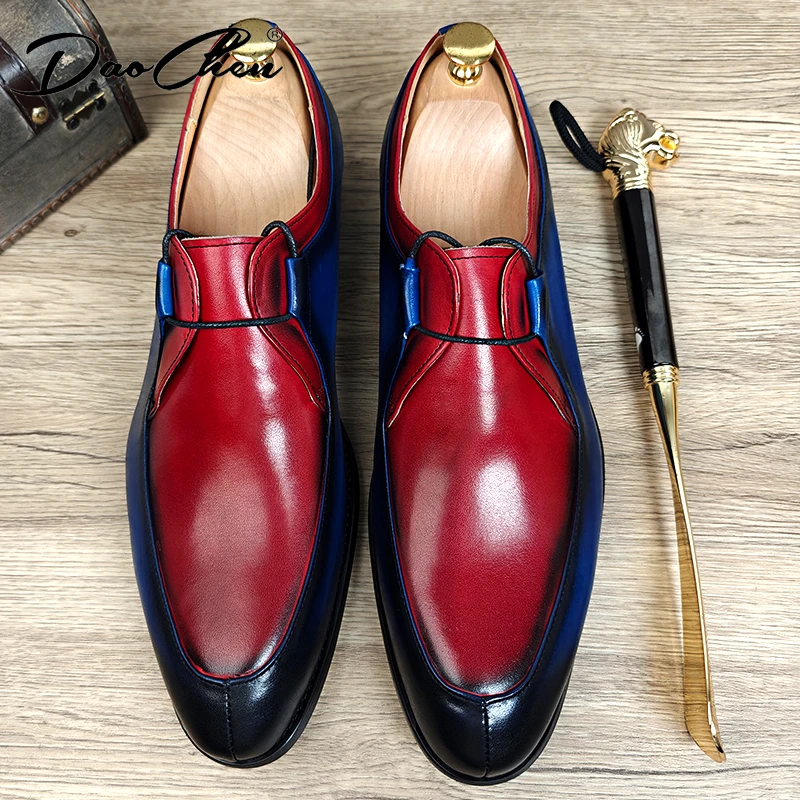 Luxury Brand Men Derby Shoes Genuine Leather Scarlet Navy Two-Tone Slip On Formal Casual Shoes Wedding Office Men\'s Dress Shoes