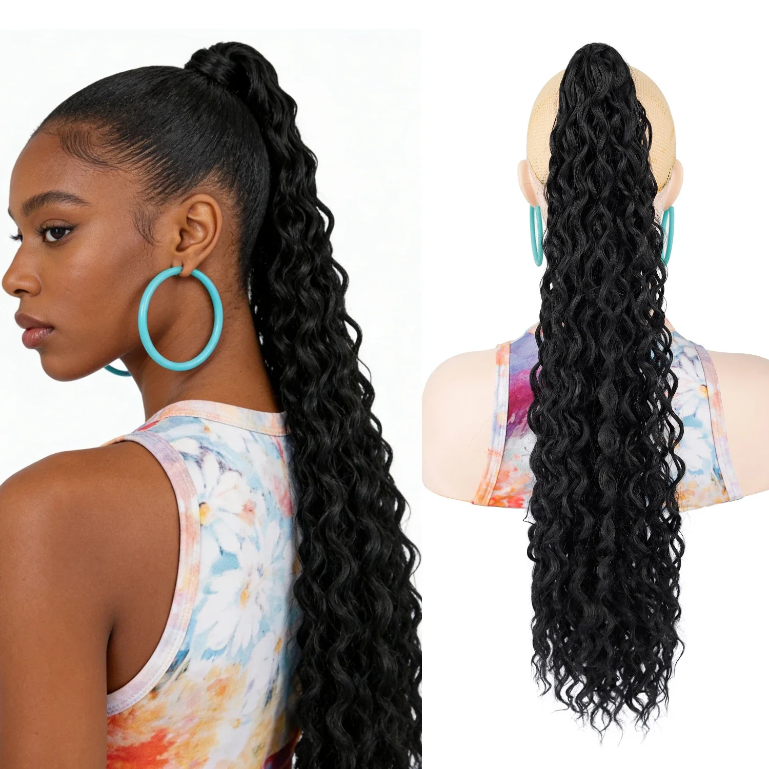 Claw Clip On Ponytail Hair Extension Curly 22 Inch Long Water Wave Synthetic Hairpiece for African American Women