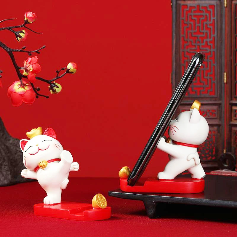 

Chinese Style Cute Lucky Cat Mobile Phone Brackets Desktop Resin Phone Holder Creativity Decorations Lucky Cat Festive Ornaments