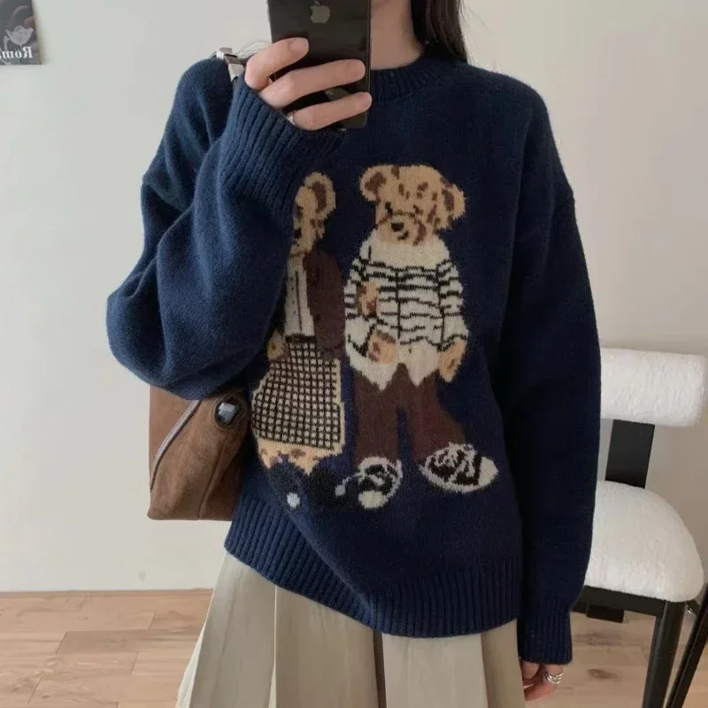 

Retro Cartoon Bear Jacquard Knit Sweater Women Autumn New O-Neck Long Sleeve Casual Loose Pullover Sweaters Jumper Sueter Mujer