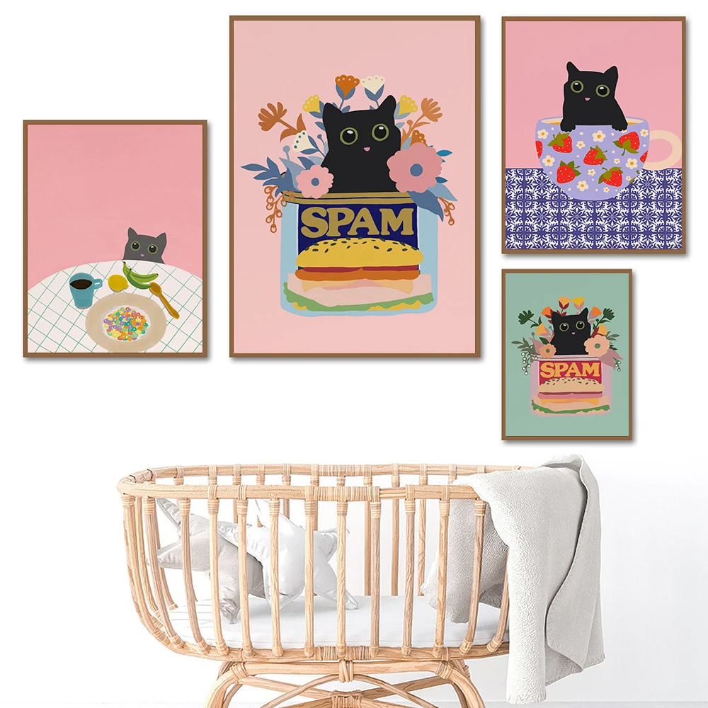 Korean Food Street Kimchee Poster Print Modern Black Cat Picnic Kitchen Wall Art Canvas Painting Decor Home Easter Kidroom