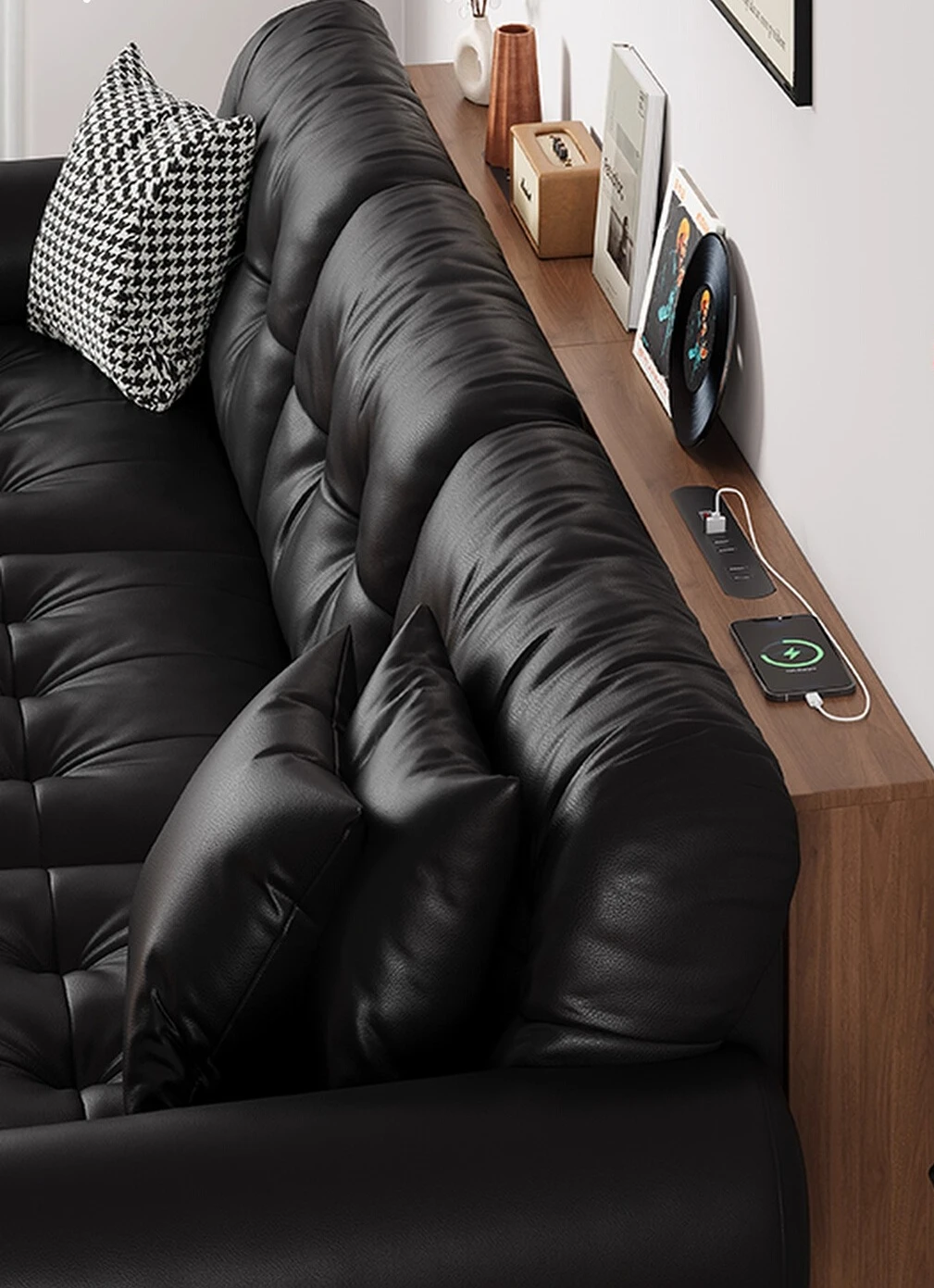 Living room sofa with a narrow edge against the wall, long table, ultra-thin entrance, solid wood storage bookshelf