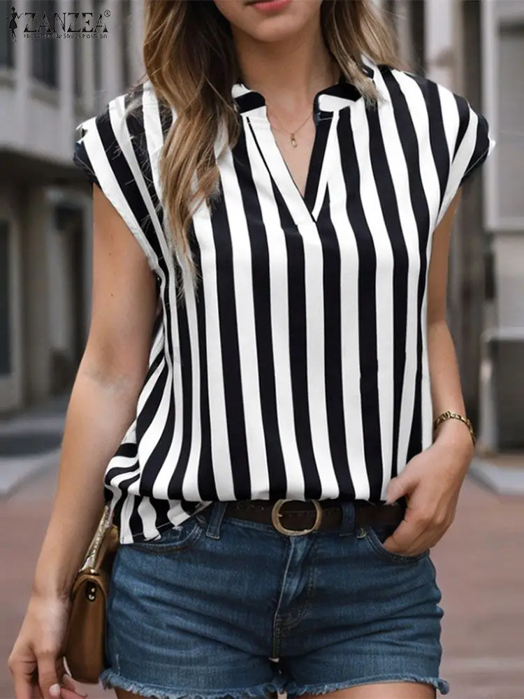 ZANZEA Fashion V Neck Short Sleeve Tops Elegant Office Lady Shirt Casual Women Striped Blouse Summer Blusas Commute OL Chemise