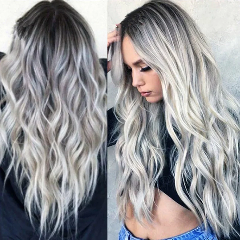 Lange krullende pruik Gebleekte en geverfde lange krullende pruik van middelbare scheiding COS Grijze gradiënt Lange krullende pruik Hoofddeksel van synthetische vezels