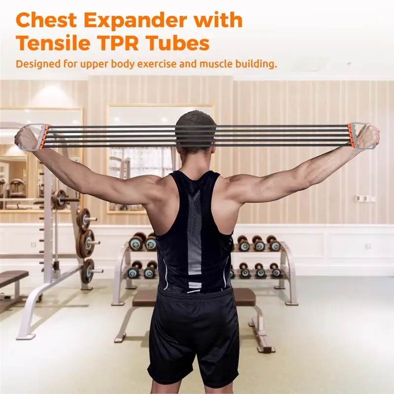 Chest Expander 5 Tubes Adjustable Arm Strength Trainer Back Muscle Exercising Band Spring Exerciser With 30-150 Lbs TPR Tubes