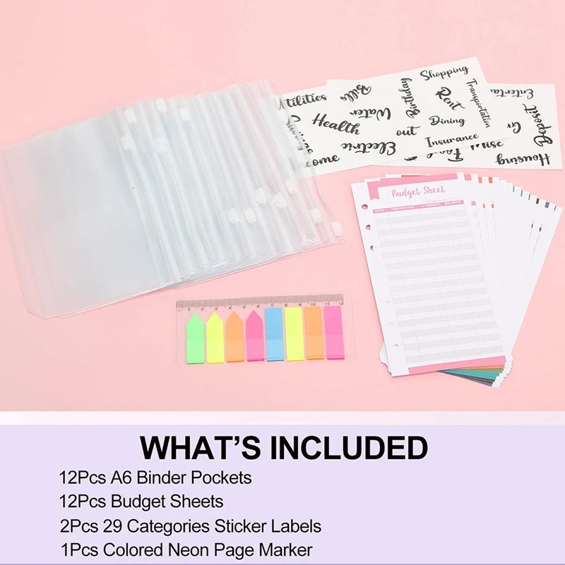 27 Pack A6 Pocket Binder Sets A6 Binder Rits Zakken Kosten Budget Lakens Cash Envelop Stickers Neon Pagina