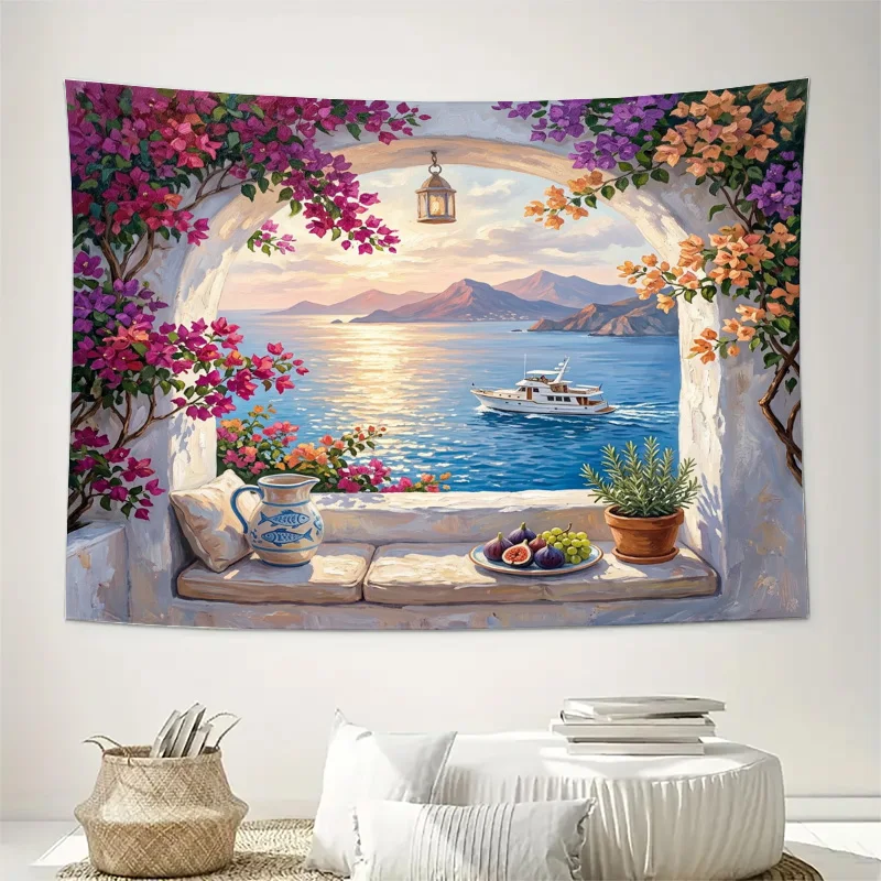Beautiful Mediterranean Seascape Curtain Drapes Floral Archway Window Treatment Coastal View Artwork Printed Fabric Light Filter